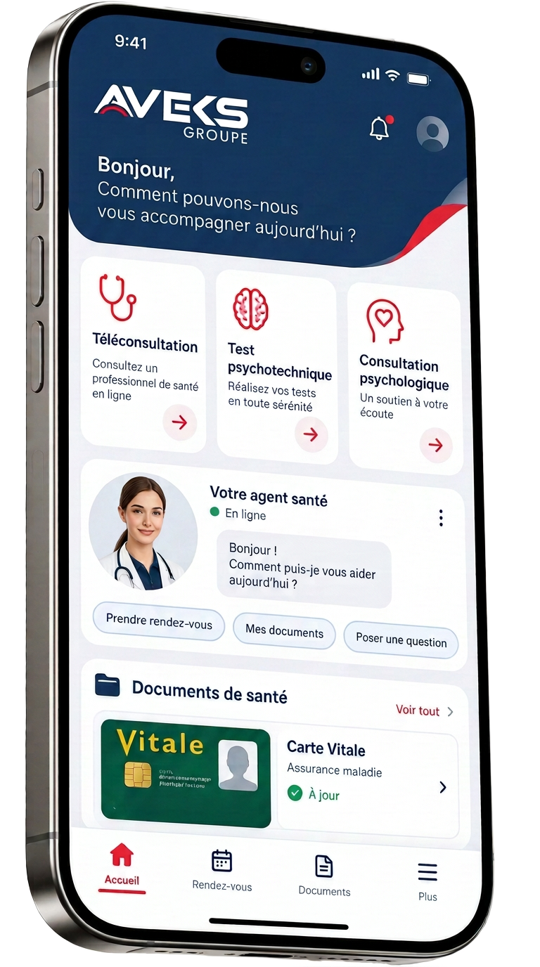 Application mobile AVEKS Groupe — recherche de praticiens, téléconsultation et documents santé